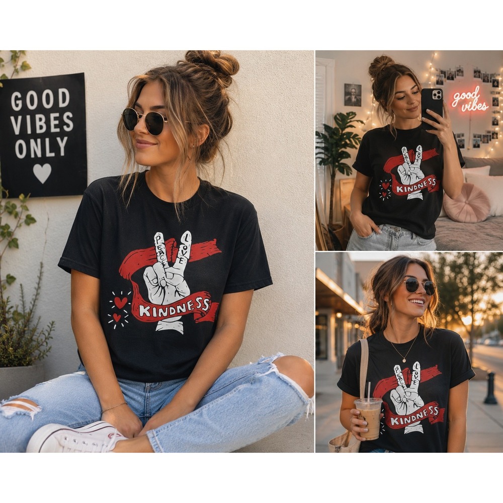 Womens T-Shirt Medium Peace Love Kindness Graphic Black Tee